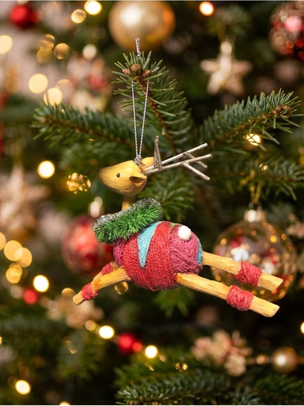 Colorful Yarn-Wrapped Reindeer Ornament with Tinsel Collar